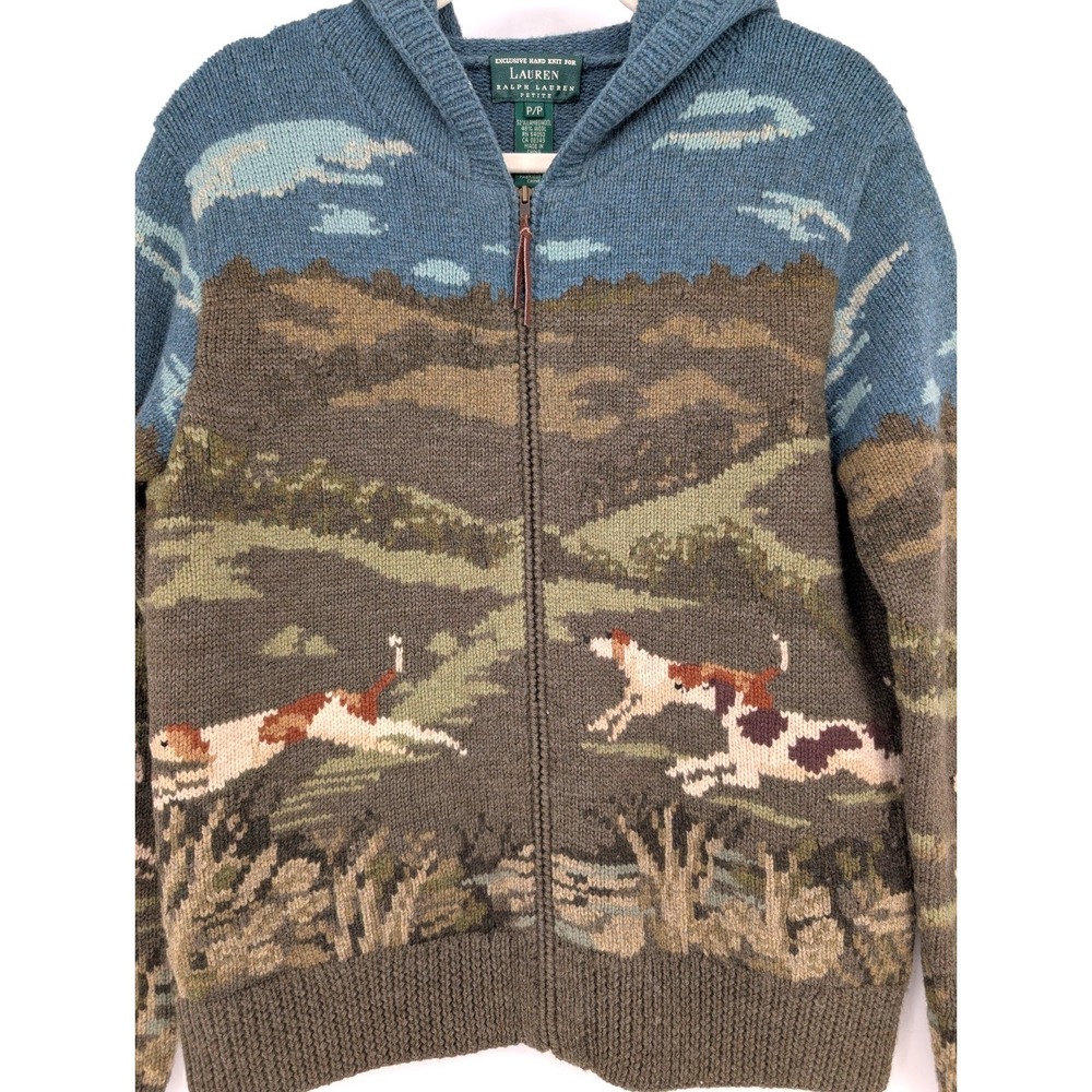 VTG‎ Ralph Lauren Hand Knit Wool Hunting Dog Zip Hooded Sweater SP Heritage Prep - Picture 3 of 15